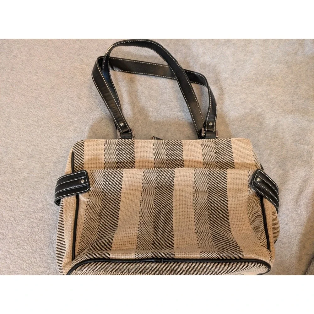 Etienne Aigner Linen Blend Shoulder Tote Bag Black Beige Leather Accents Women's